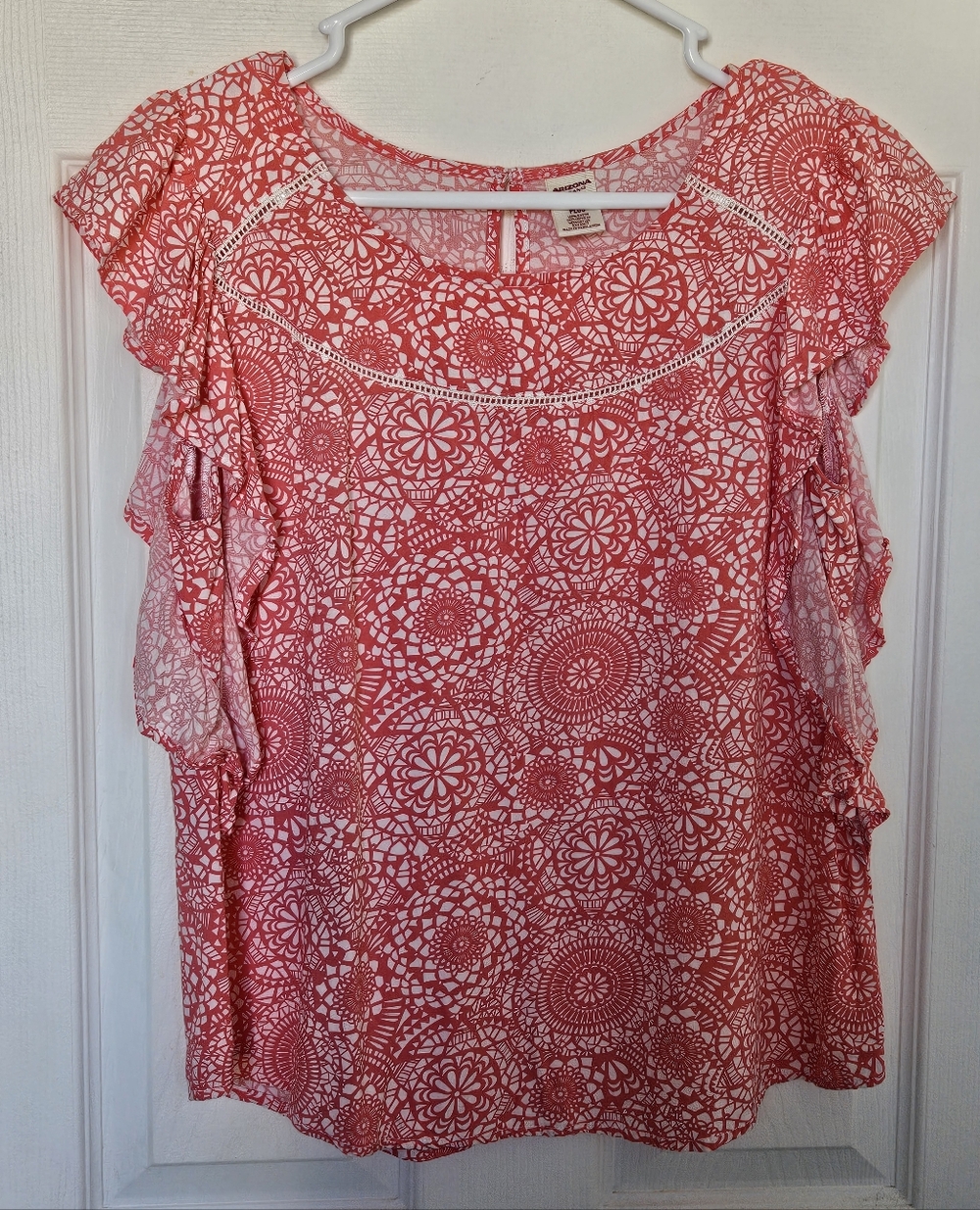 Arizona Jean Company Coral Pink Lace-Trim Flutter Sleeve Blouse
